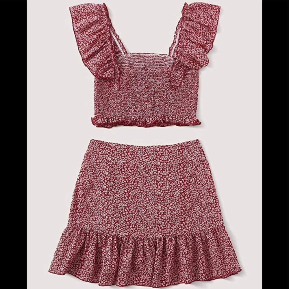 Women’s Two Piece- Ruffle, Trim Cami Crop Top and Wrap Skirt Set. Size X-Large